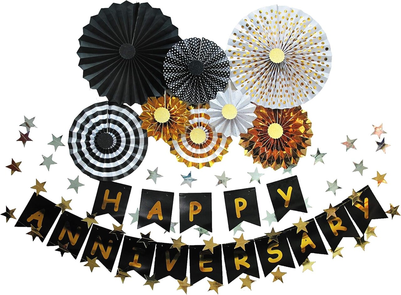 Happy Anniversary Banner Party Hanging Paper Fans Decoration (Black Gold)